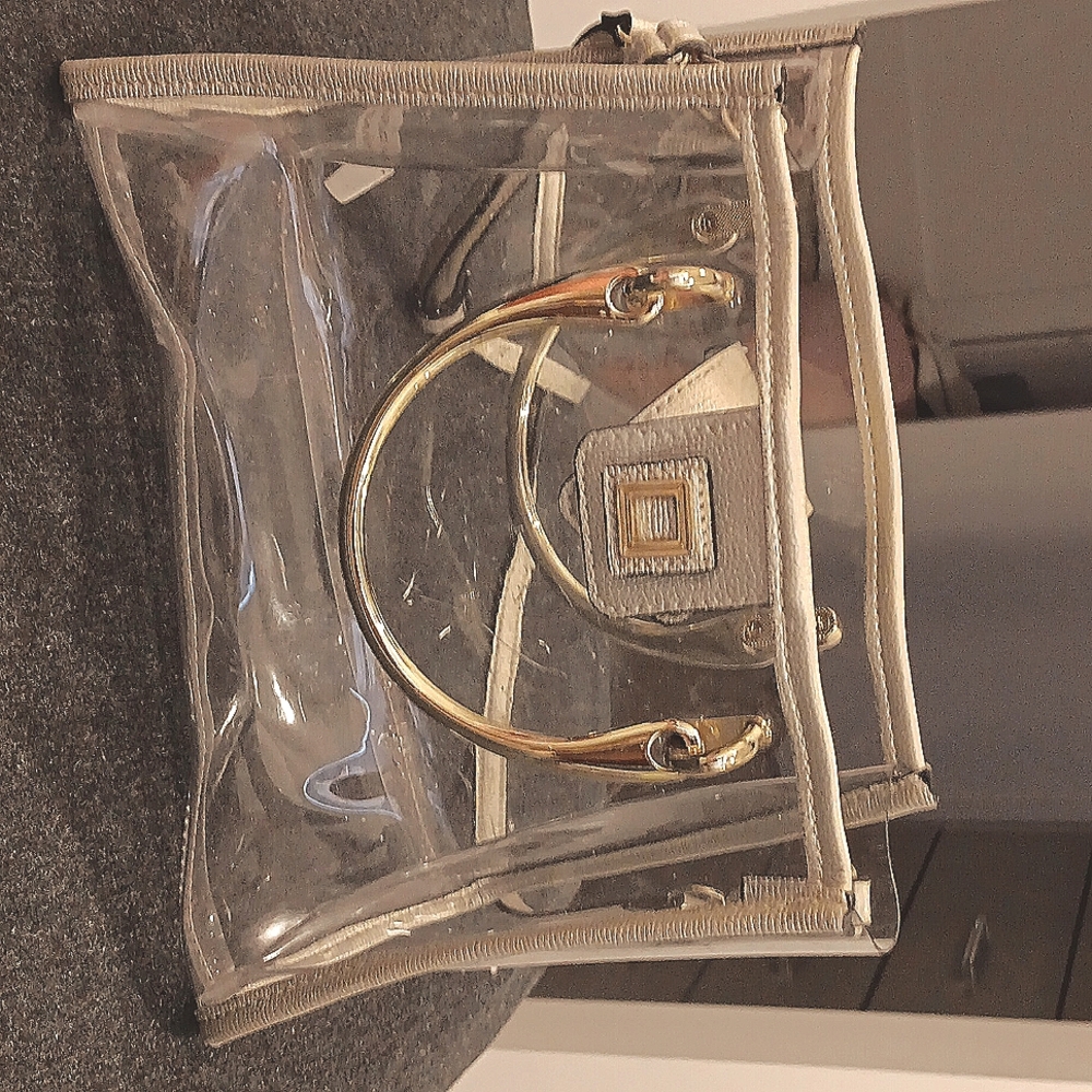 One size fits all gold and clear bag from bloomingdales